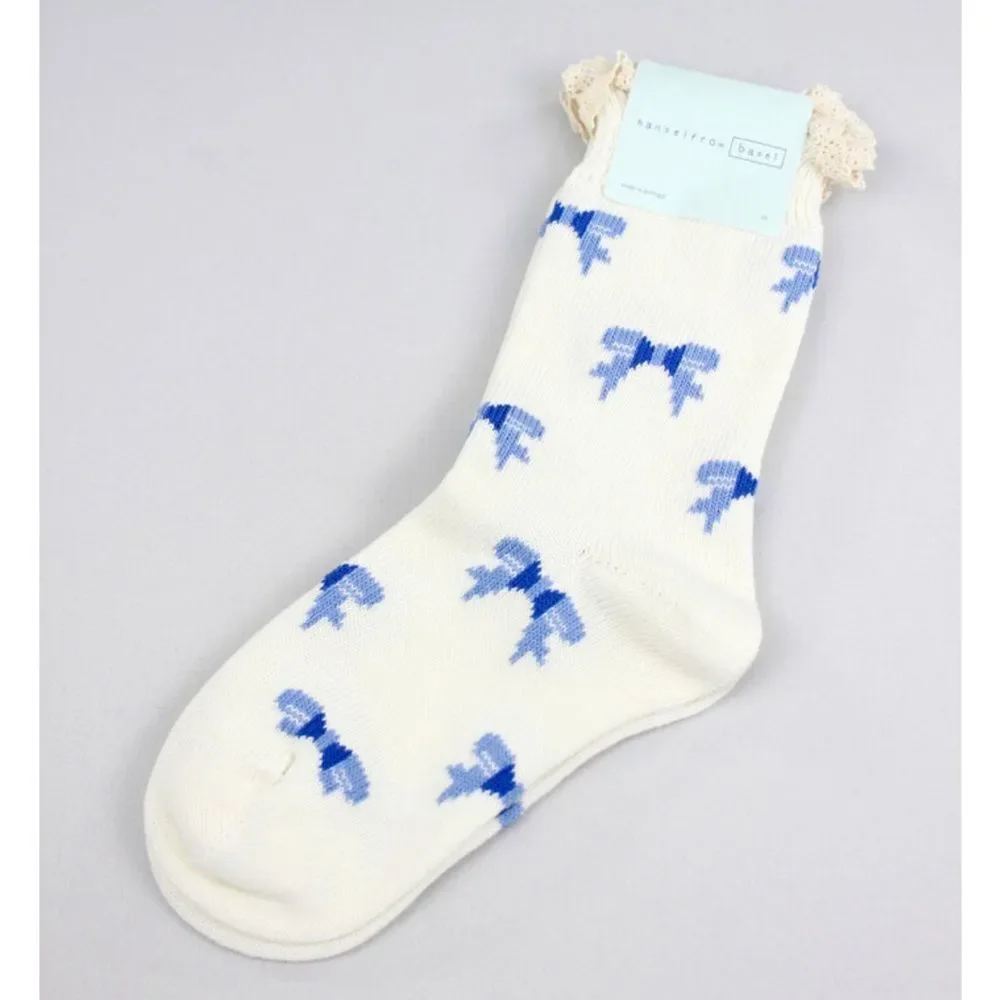 Hansel from Basel BUNDLE TWO PAIRS of All Over Bows Crew, Ivory/blue, NWT